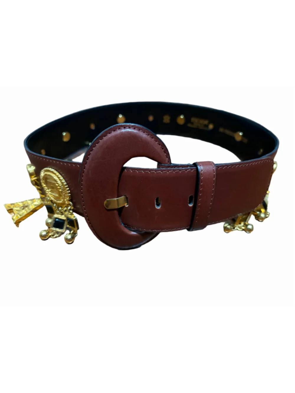 Vintage Escada Brown Leather Belt Gold Letter Charms Buckle Sz 36 Germany